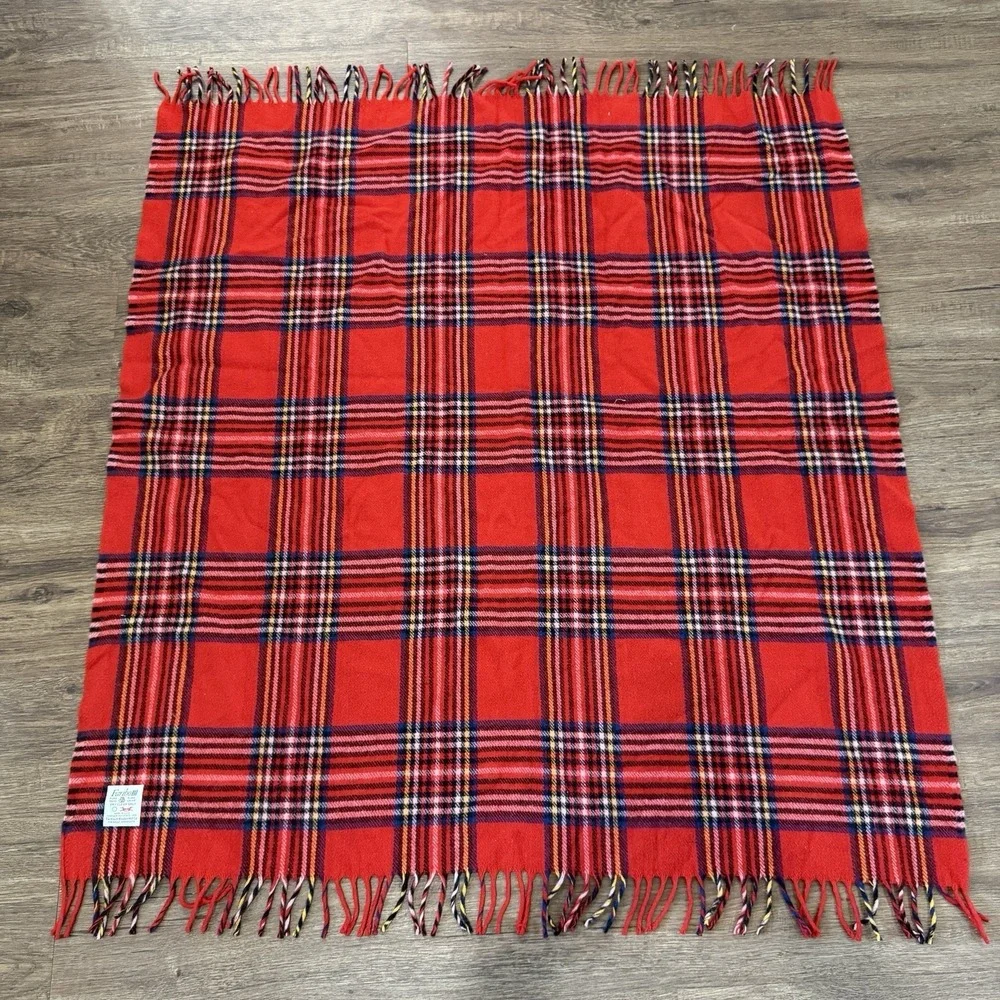 Vtg Faribo Wool Throw Blanket Faribault Woolen Mill Red Plaid Fringe Made in USA